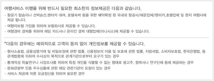 여행서비스 이행을 위해 반드시 필요한 최소한의 정보제공은 다음과 같습니다.